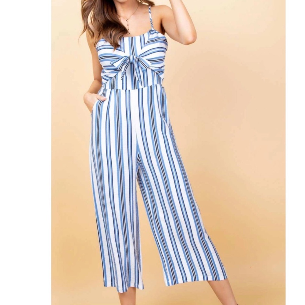 Stripe Front-Tie Jumpsuit | blue and white |